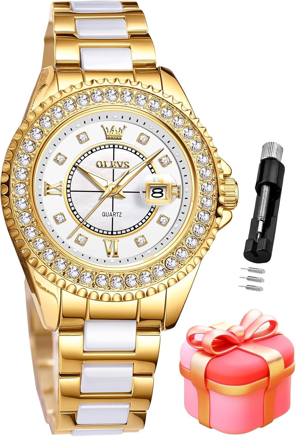 OLEVS Watches for Women Diamond with Date Luxury Leather Female Waterproof Women Wrist Watch Analog Dress Stainless Steel Ladies Watch Luminous Calendar Women Watch Green/Silver/Red Dial