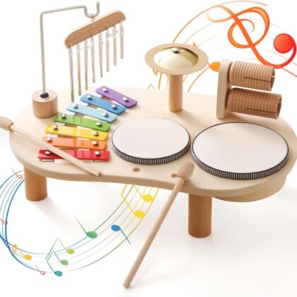 Promise Babe Wooden Drum Set for Toddlers 1-3, Musical Percussion Instruments for Kids Baby Drum Set Xylophone, Montessori Educational Musical Toys for Girls Boys Ages 3+