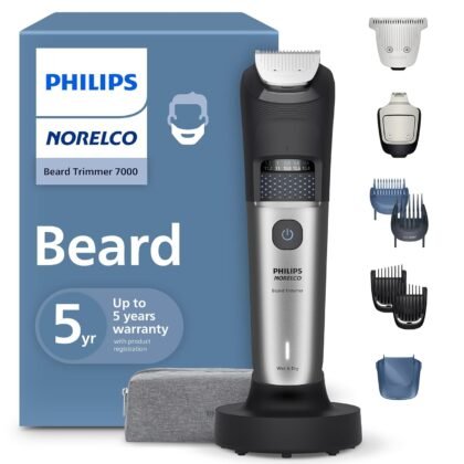 Norelco Philips Beard Trimmer 7000 Series, 100% Waterproof Trimmer for Men, 40 Lock-in Hair Length Settings, BeardSense Power Adaptability, Detail & T-Blade Trimmer Heads, Charging Stand, BT7670/40