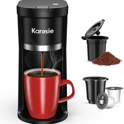 Karosie Small Single Serve Coffee Maker, Fast Brew for K-Cup & Ground Coffee, 6-12 Oz Brew Sizes, One-Button Single Cup Coffee Maker, Coffee Machine with Descaling Reminder