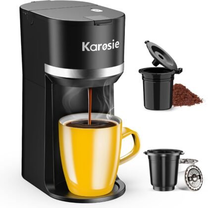 Single Serve Coffee Maker for K-Cup and Ground Coffee, Fast Brew, 6-12 oz Brew Sizes One Cup Coffee Machine Fits 5.5" Mugs, One-Button Small Coffee Maker with Descaling Reminder,Black