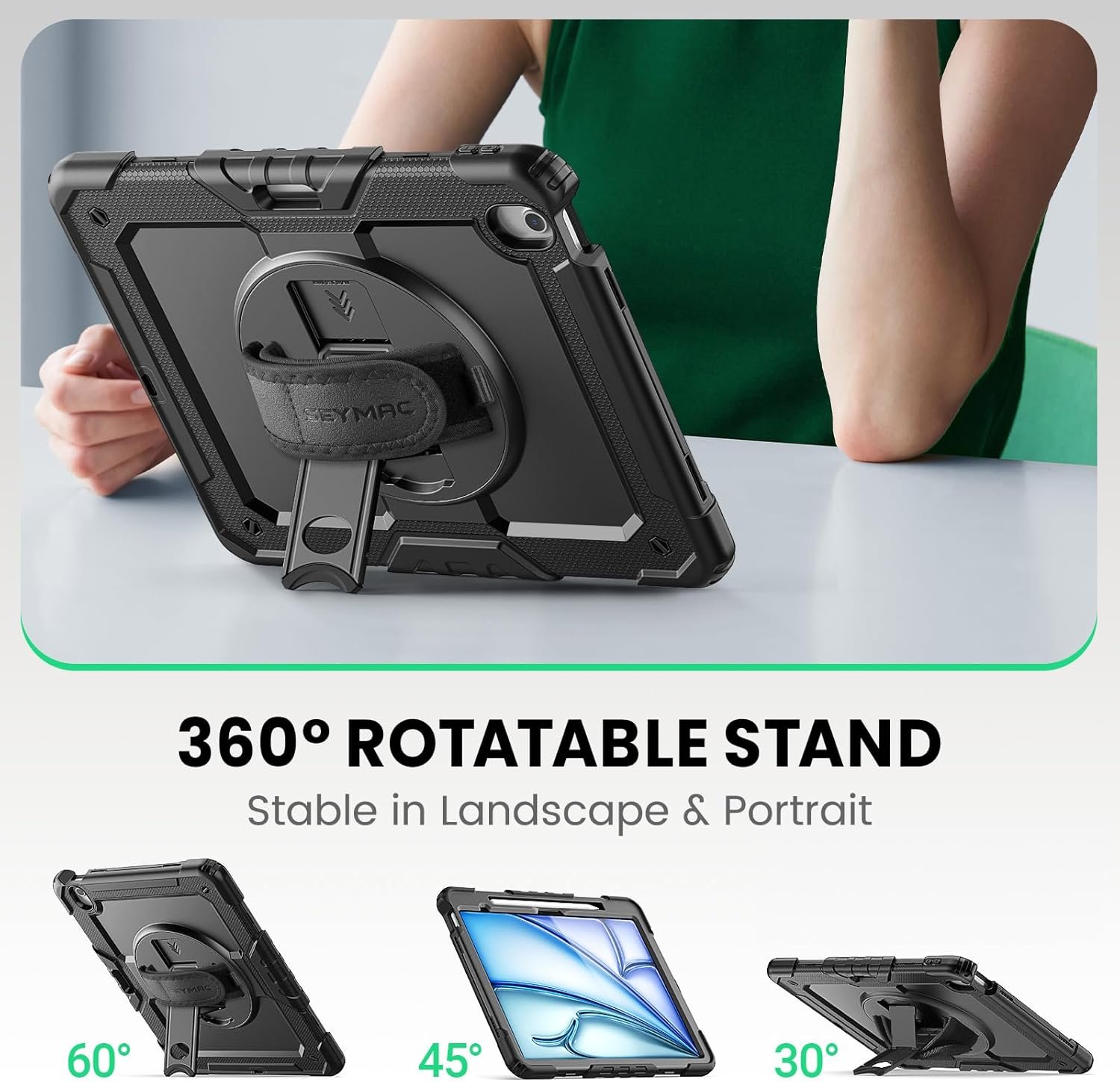 SEYMAC for iPad Air 13 Inch Case M3 2025/ M2 2024, Heavy Duty Shockproof Protective Case with Screen Protector, 360° Rotating Stand, Hand/Shoulder Strap and Pen Holder for iPad Air 13, Black - Image 4
