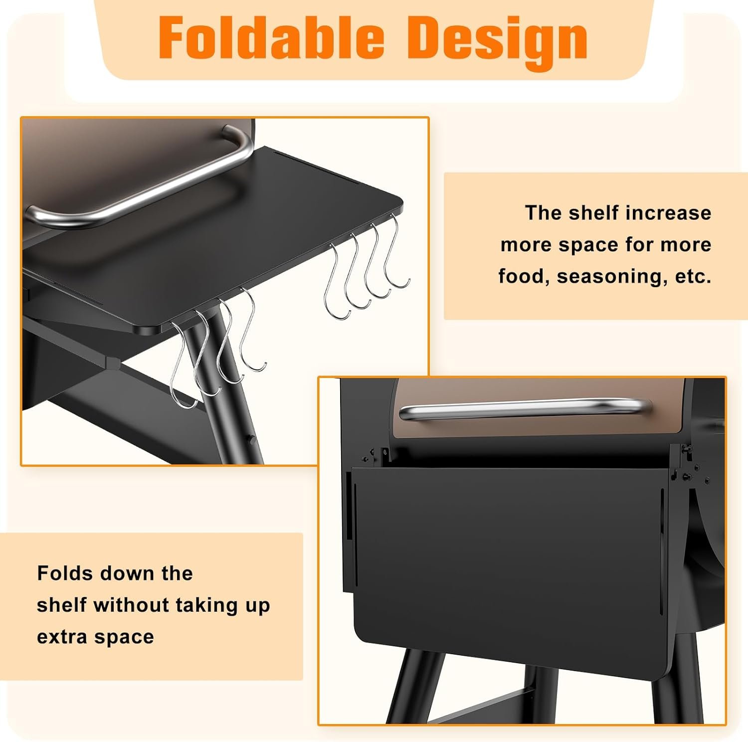 Folding Shelf for Traeger Pellet Grills, BAC362 Pellet Front Shelf with Hooks and Paper Towel Holder for Traeger Pro 22, Pro 575, Eastwood 22, Ironwood 650 and Century 22 Series Pellet Grill - Image 3