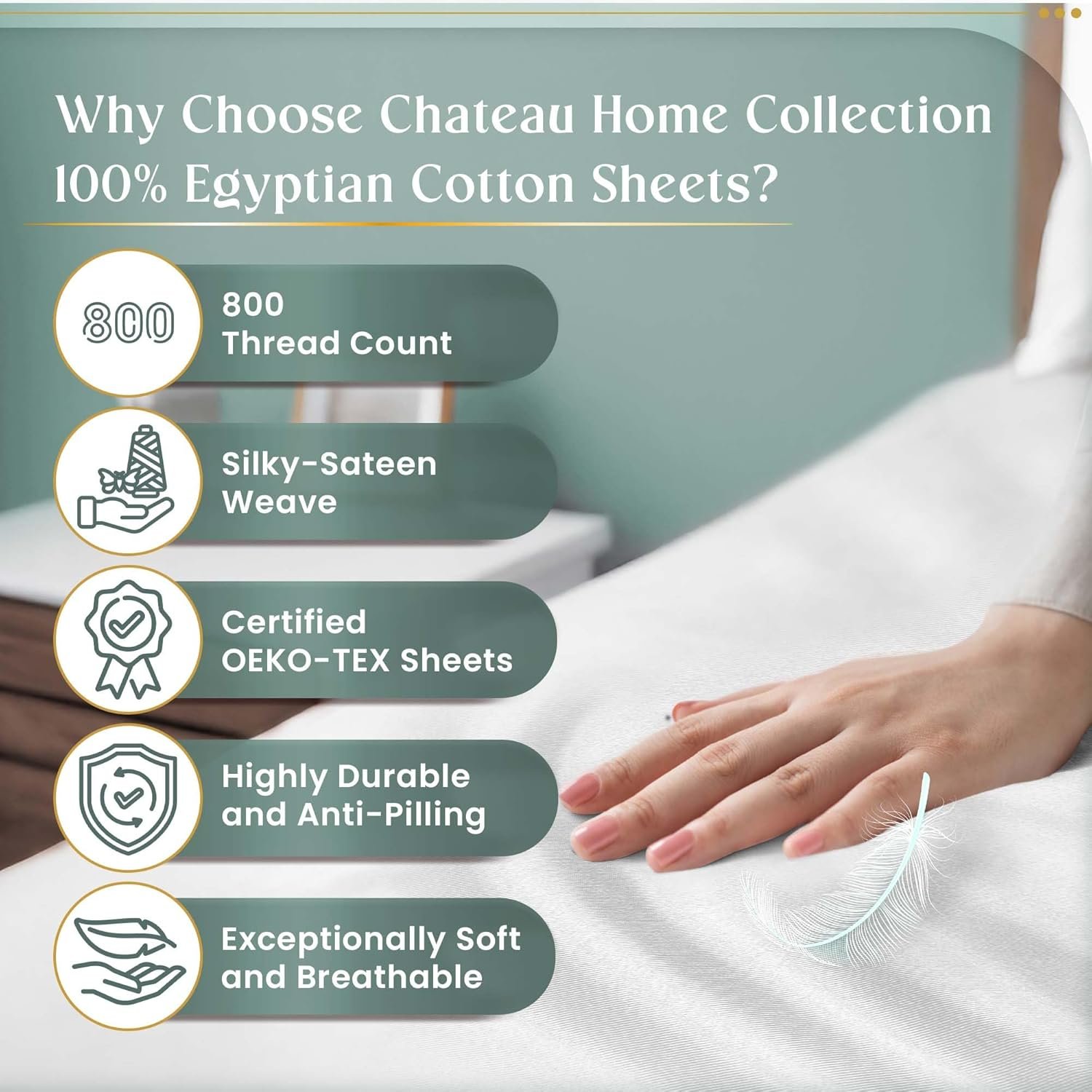 100% Egyptian Cotton Sheets Queen Size Bed Set, Deep Pocket Queen Sheet set, 800 Thread Count Cotton Bed Sheets, Naturally Cool Soft Breathable No Pill Elasticated Luxury White Bedding For All Seasons - Image 2