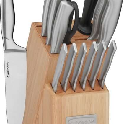 Cuisinart Block Knife Set 15pc Cutlery Knife Set with Steel Blades for Precise Cutting, Lightweight, Stainless Steel Durable& Dishwasher Safe, Natural