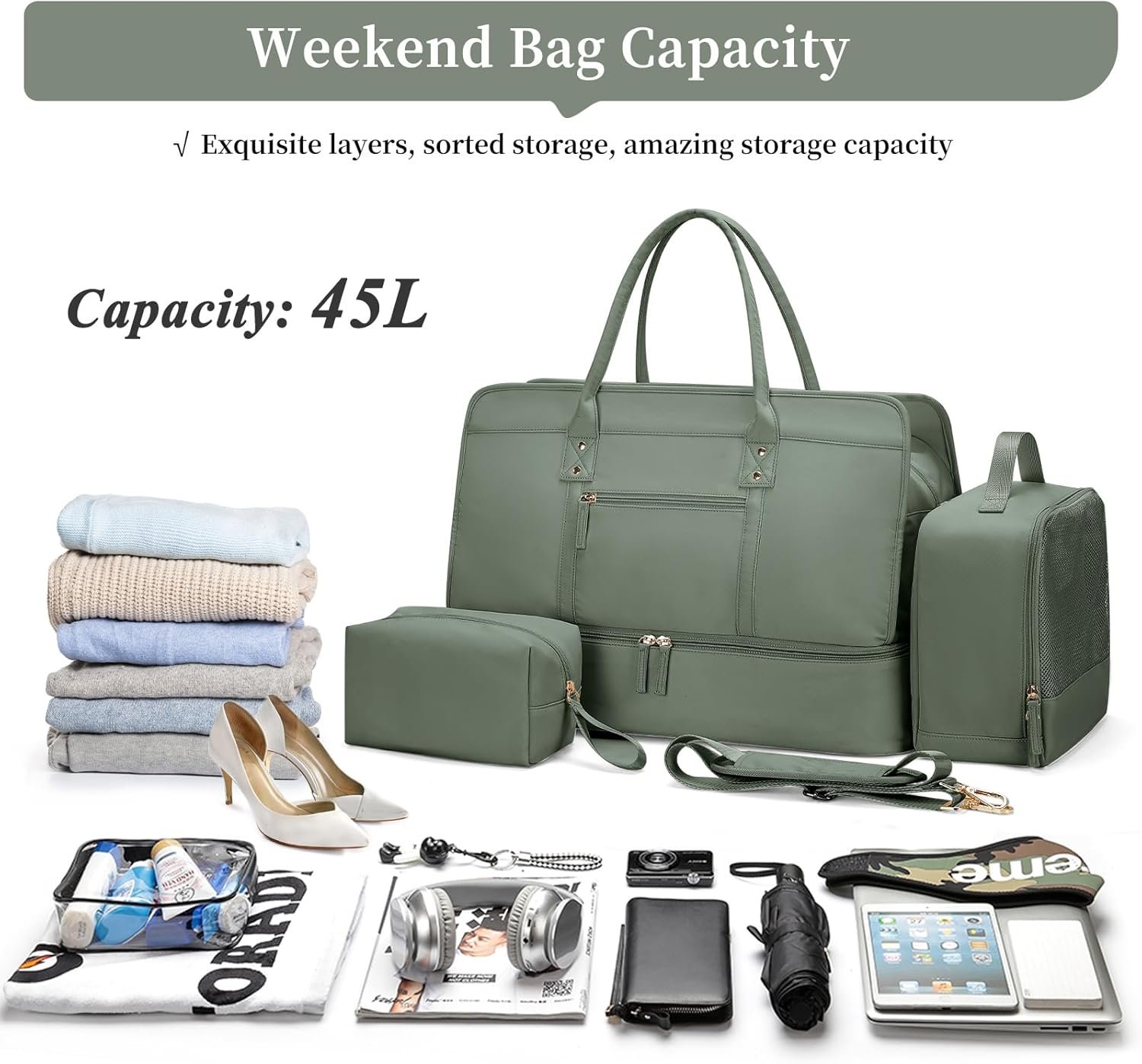 Weekender Bags for Women,Travel Duffel Bag Personal Item Bag with Shoes Compartment,Overnight Carry On Bag with Wet Pocket, Travel Bag 3Pcs Set - Image 2