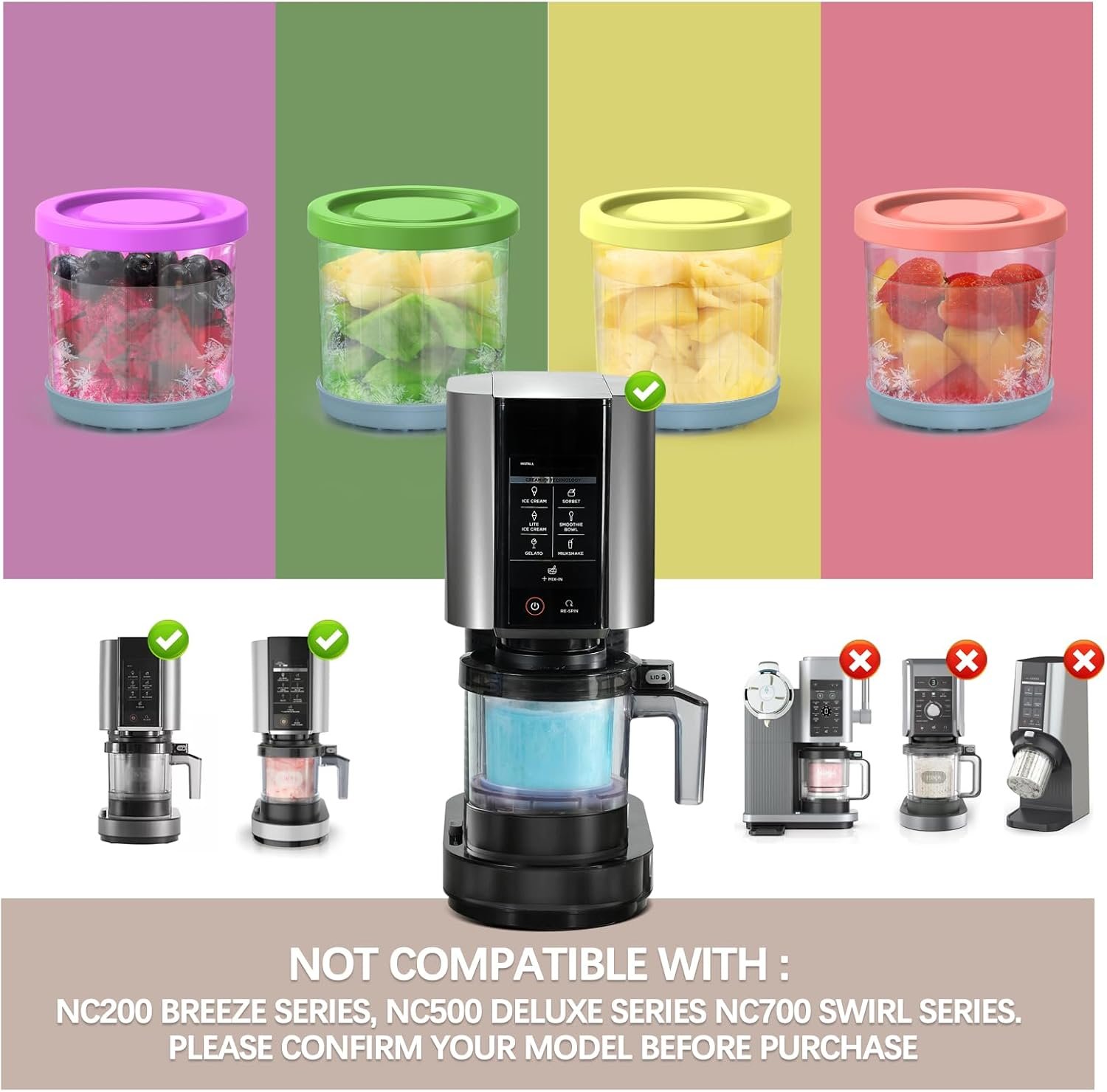 QVN Ninja Creami Pints and Lids - 4 Pack Ninja Creami Containers, 16oz Creami Pint Containers Compatible with Ninja NC299AMZ & NC300s Series Ice Cream Maker - Dishwasher Safe & Good Sealing - Image 3