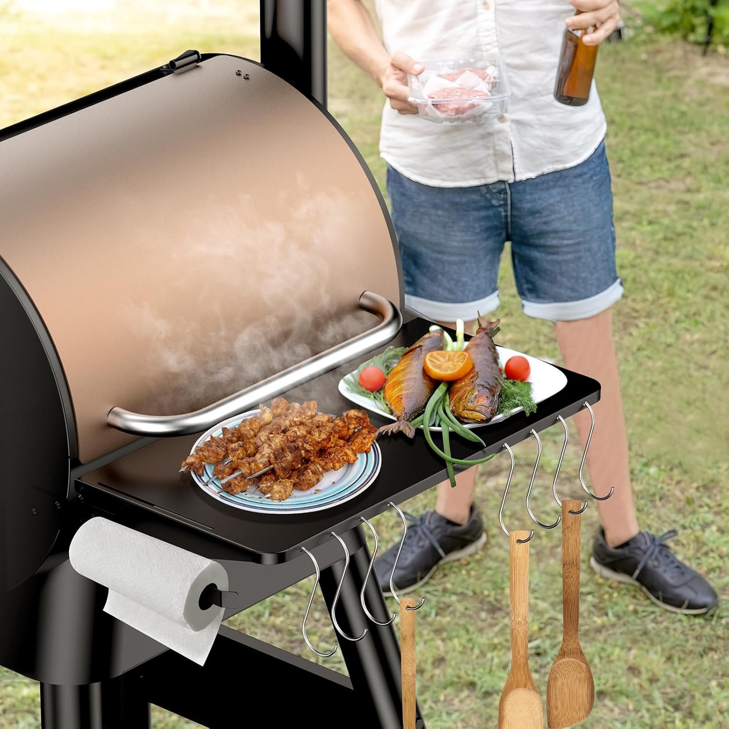 Folding Shelf for Traeger Pellet Grills, BAC362 Pellet Front Shelf with Hooks and Paper Towel Holder for Traeger Pro 22, Pro 575, Eastwood 22, Ironwood 650 and Century 22 Series Pellet Grill - Image 7