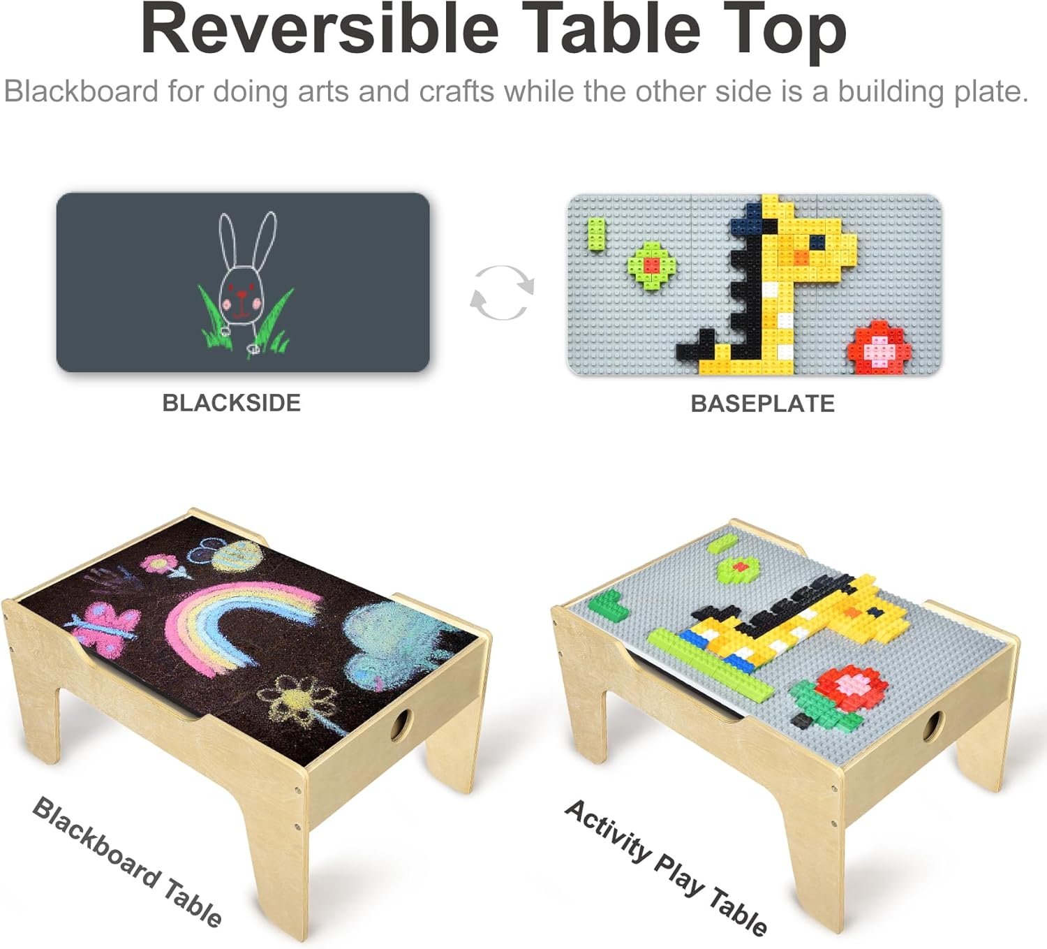 KRAND Kid's Multi-Purpose Activity Play Table with 60 Big Building Bricks and 30-Piece Wooden Train Set for Toddlers(Big-peg Baseplate Version) - Image 4