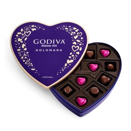 Godiva Goldmark Heart Chocolate Box, Dark Chocolates with Ganache, Elegant Valentine’s Day Gift Tin, 14 Pc