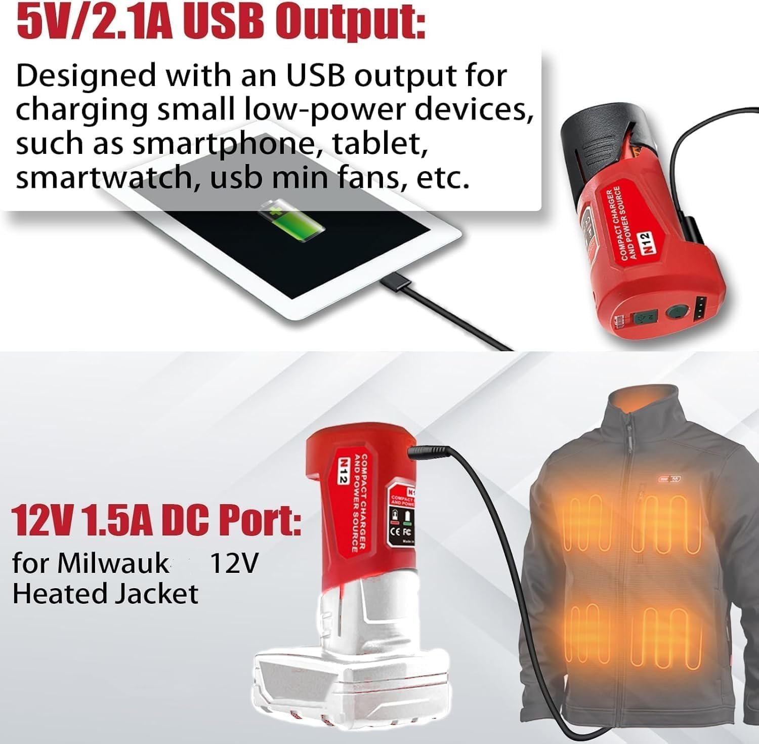 for Milwaukee M-12 12V Power Source Adapter with USB & Type C DC Port, Heated Jacket Charger Adapter for Milwaukee M-12 Battery 48-11-2420 48-11-2411 48-11-2401 - Image 2