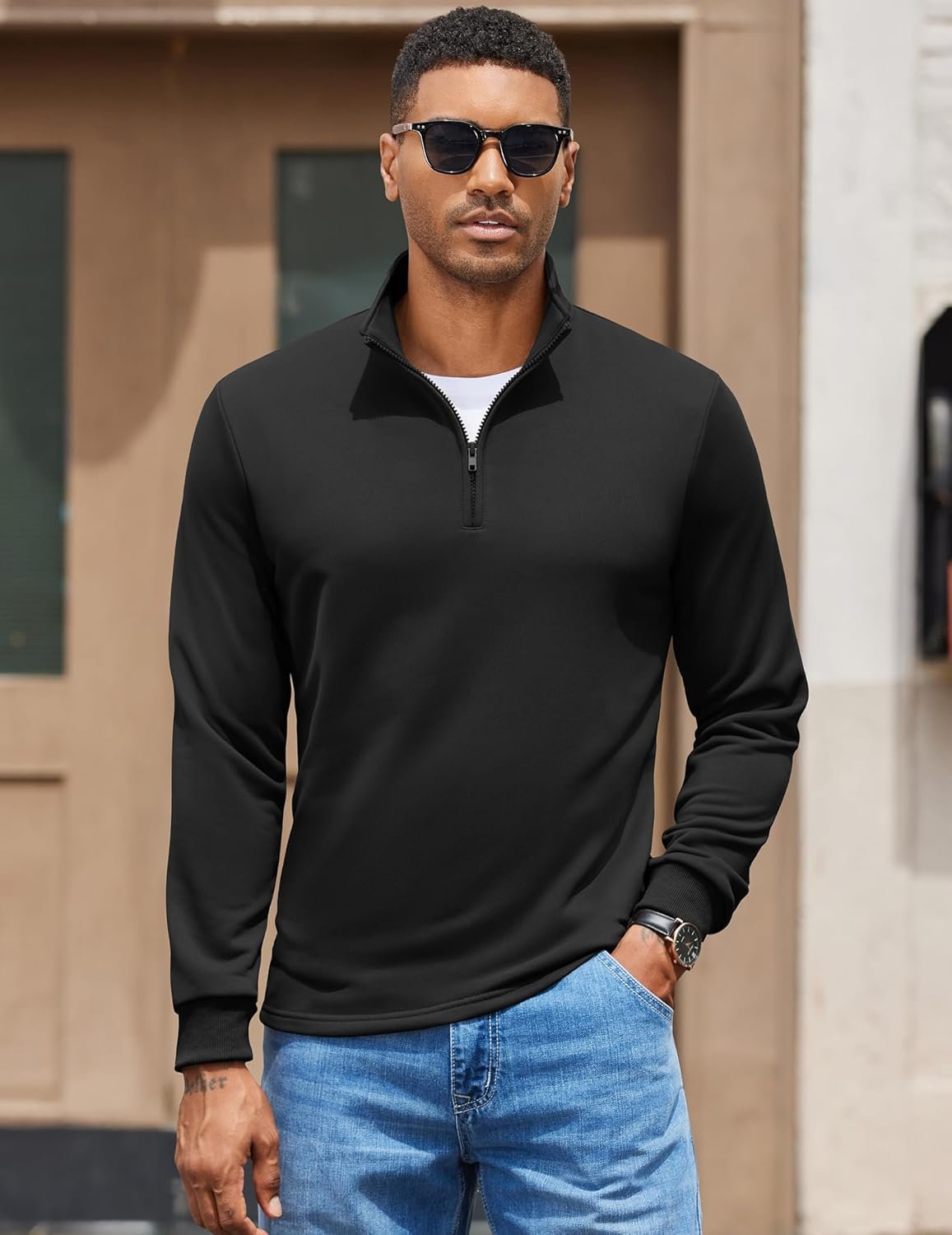 COOFANDY Men's Quarter Zip Pullover Sweatshirt Mock Neck Quilted Sweatshirt Lightweight Casual Long Sleeve Polo Shirt - Image 2