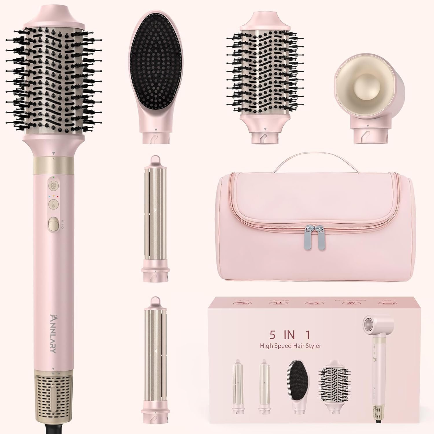 5 in 1 Ionic Hot Air Styler, 1400W Powerful Hair Dryer Brush, Auto-Wrap Curlers, Paddle Brush for Fast Drying, Volumizing with Travel & Storage Bag