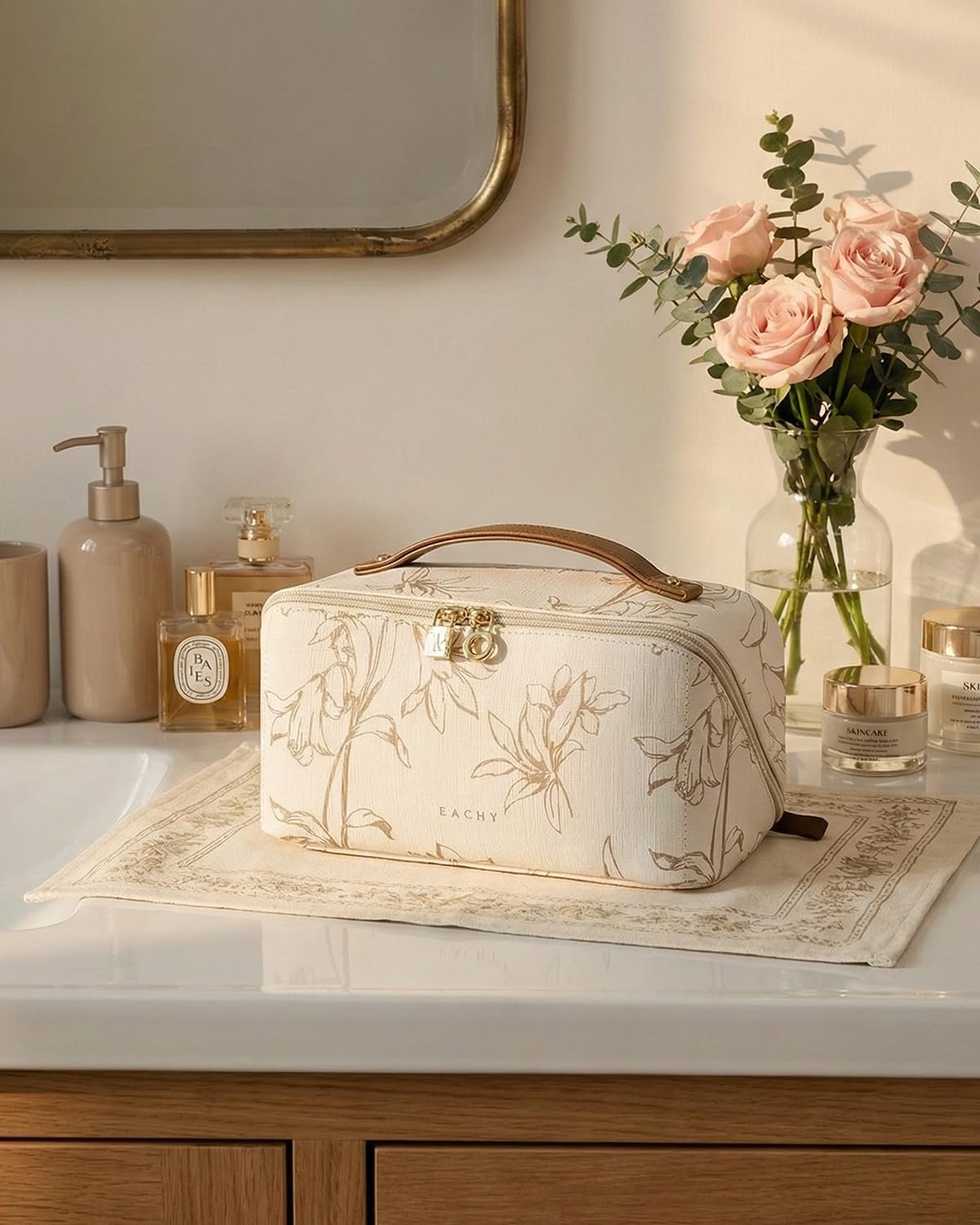 EACHY Travel Makeup Bag, Large Capacity Cosmetic Bags for Women, Waterproof Portable Pouch Open Flat Toiletry Bag Pattern Make up Bag (F-Beige) - Image 9