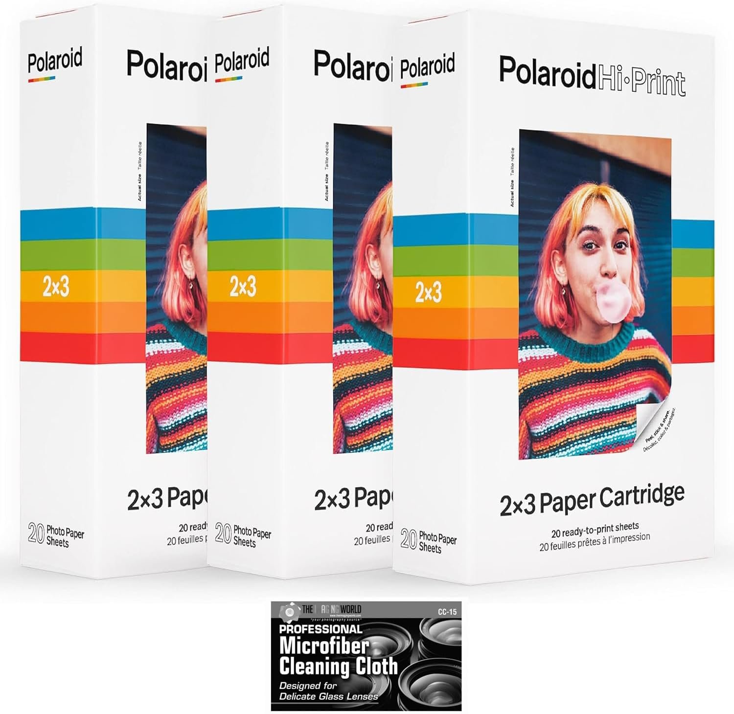 Polaroid Hi-Print Paper - Triple Pack of 2x3 Paper Cartridge (60 Sheets) - with MicroFiber Cleaning Cloth