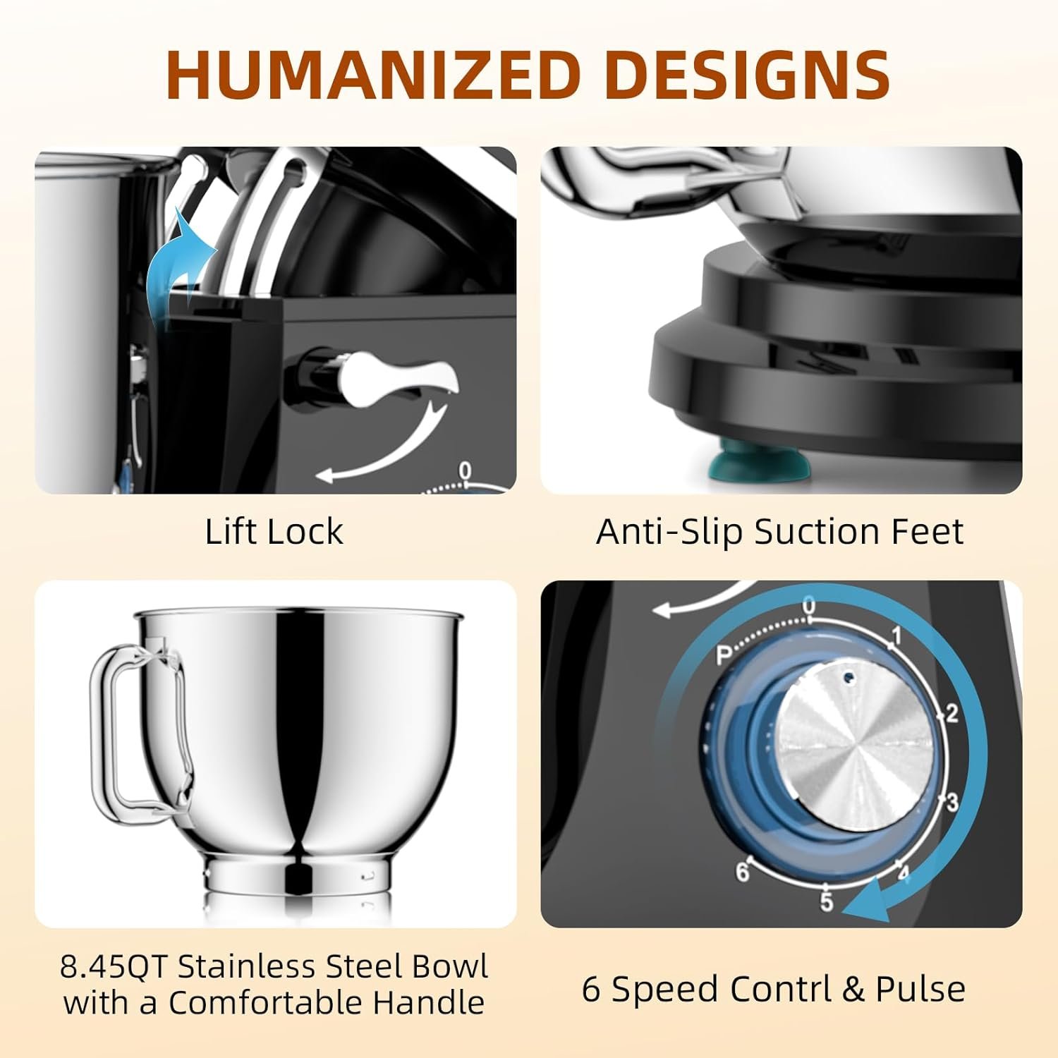 Dough Mixer 8.45 QT Electric Mixer - 660W 6 Speed Large Capacity Kitchen Stand Mixer with Whisk Dough Hook Mixing Beater Household Food Mixer for Baking Cakes Cookie Bread Salad - Image 3