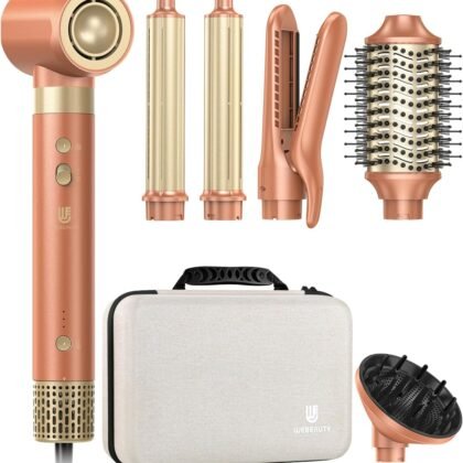 [Dual Voltage] webeauty 6 in 1 Hot Air Styler, High-Speed Negative Ionic Hair Dryer with Auto Curlers, Professional Blow Dryer Brush, Diffuser, Volumizer Multiple Styling, No Heat Damage