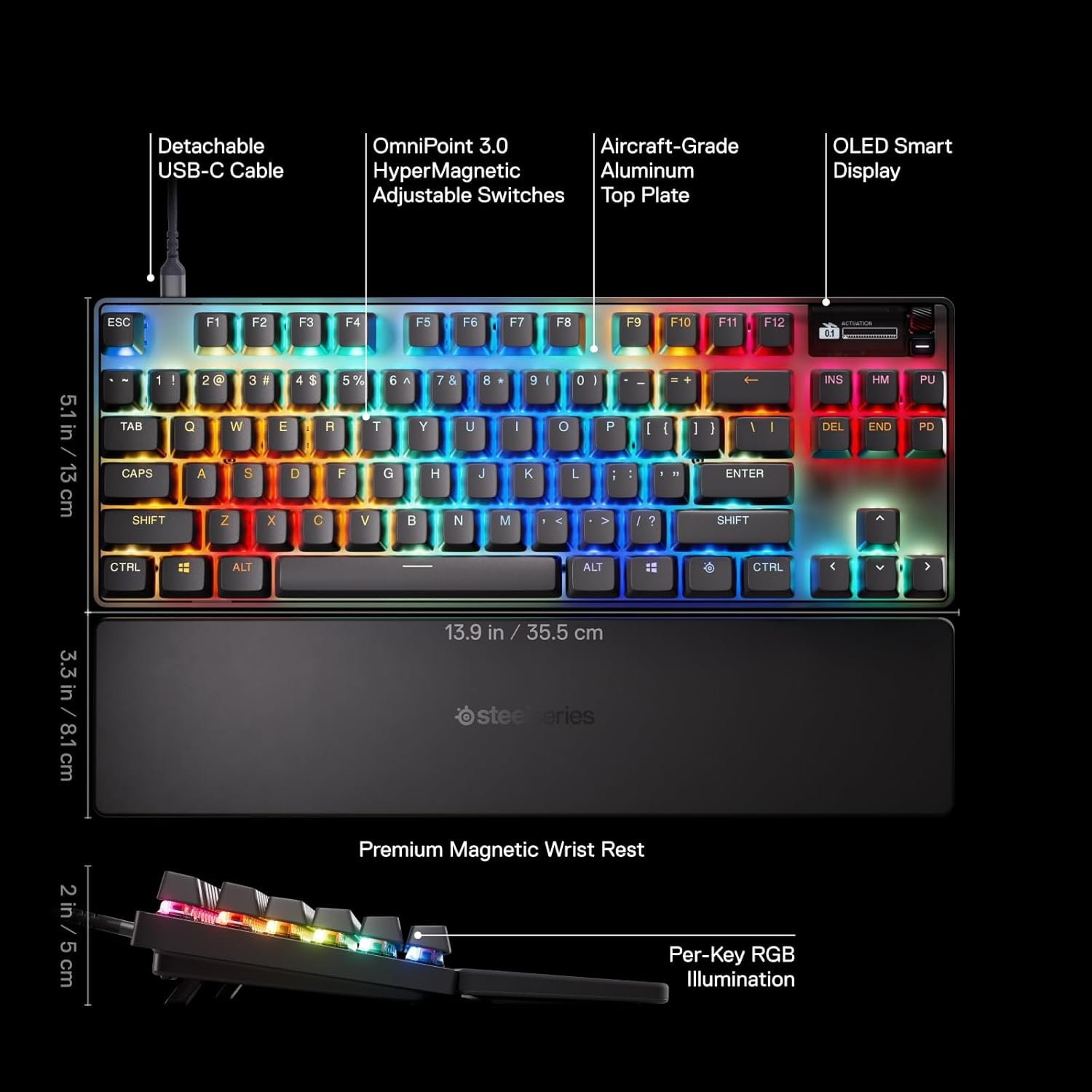 SteelSeries Apex Pro TKL Gen 3 OmniPoint 3.0 HyperMagnetic Switches — Adjustable Actuation — Rapid Trigger — Game-Ready Presets — Protection Mode — Rapid Tap/SOCD — OLED — RGB — PBT Keycaps — USB-C - Image 3