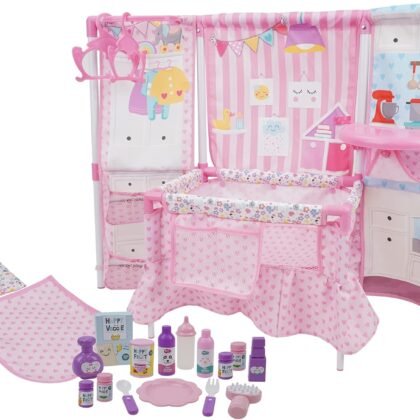 509 Crew BnB Pink Doll Furniture Set - 14'' Baby Doll, Built in Highchair & Play Yard, Accessories, Kids Pretend Sleep Play Set Ages 3+ (T797025)