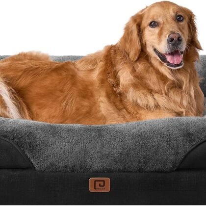 EHEYCIGA Memory Foam XL Dog Bed for XLarge Sized, Extra Large Orthopedic Dog Sofa with Sides and Waterproof Liner, Washable Bolster Pet Bed Couch with Removable Cover, 42x30x7.5 Inch, Grey/Black