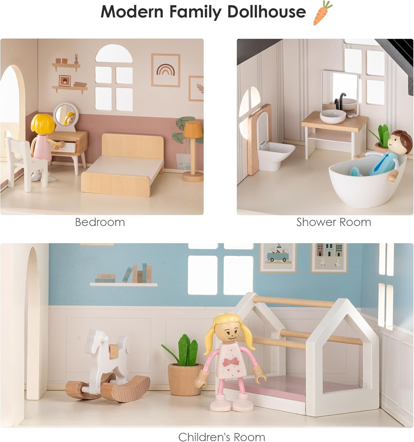 Wooden Dollhouse for Kids, 6-Room Modern Style Toy Doll House Playset with 26 Furniture & Functional Doors, 1:12 Scale Open Plan Dollhouse Designed for 4-6 Inch Dolls, STEM Creative Gift for Ages 3+ - Image 3