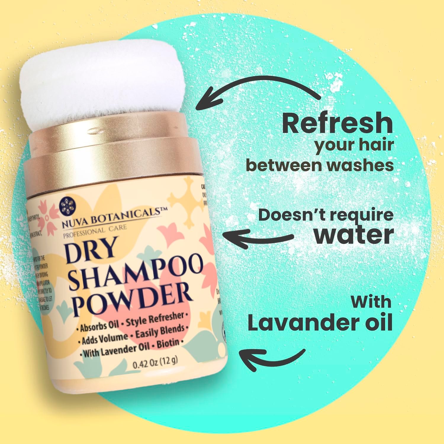 Nuva Botanicals Non Aerosol Dry Shampoo Powder with Biotin - Lavender Extract and Korean Ginseng - Volumizing Travel Size (0.42 oz) - Gifts for Her - Image 4