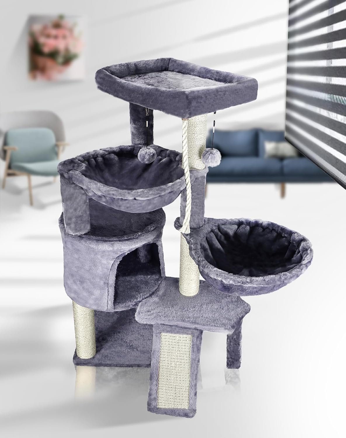 Xin Three Layer Cat Tree with Cat Condo and Two Hammocks,Grey - Image 9