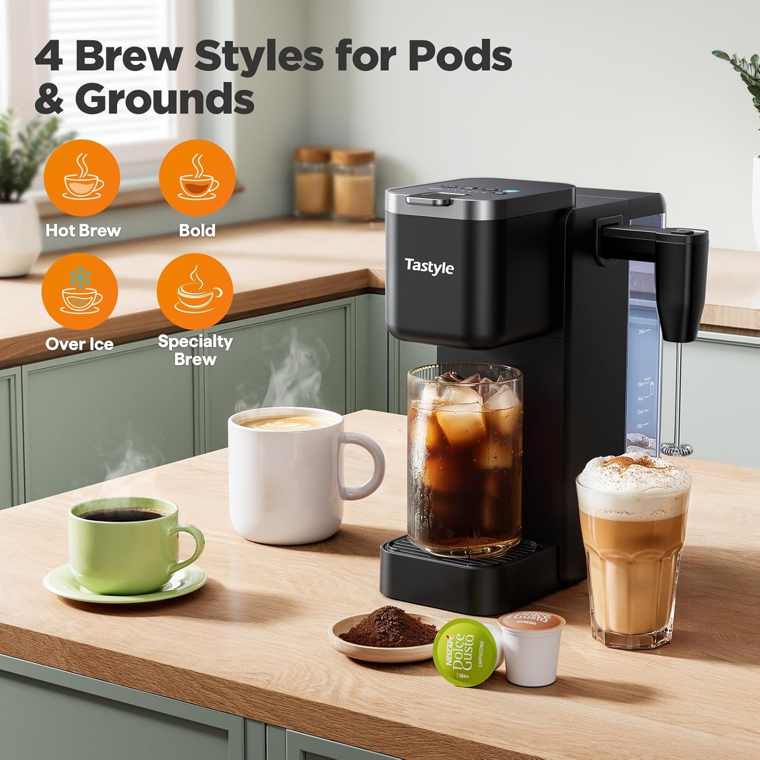 Single Serve Coffee Maker with Built-in Detachable Milk Frother, Iced and Hot Coffee Machine for K Cup & Grounds, 40oz Removable Water Reservoir, 6 Cup Sizes, Fits 7.3" Travel Mug, Black - Image 4