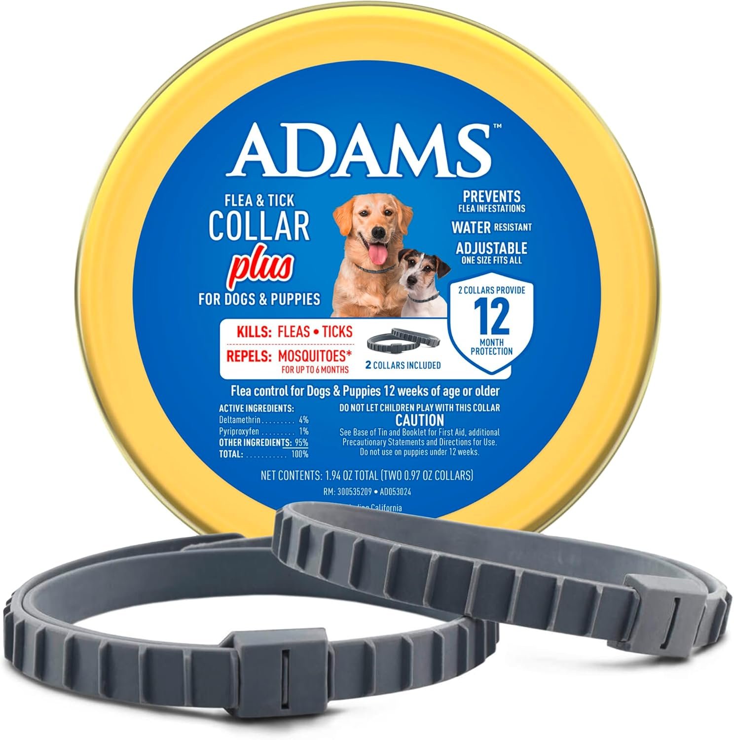 ADAMS Flea & Tick Collar Plus for Dogs & Puppies, 2 Pack, 12 Month Protection, Adjustable One Size, Kills Fleas, Ticks & Repels Mosquitoes, Excluding California