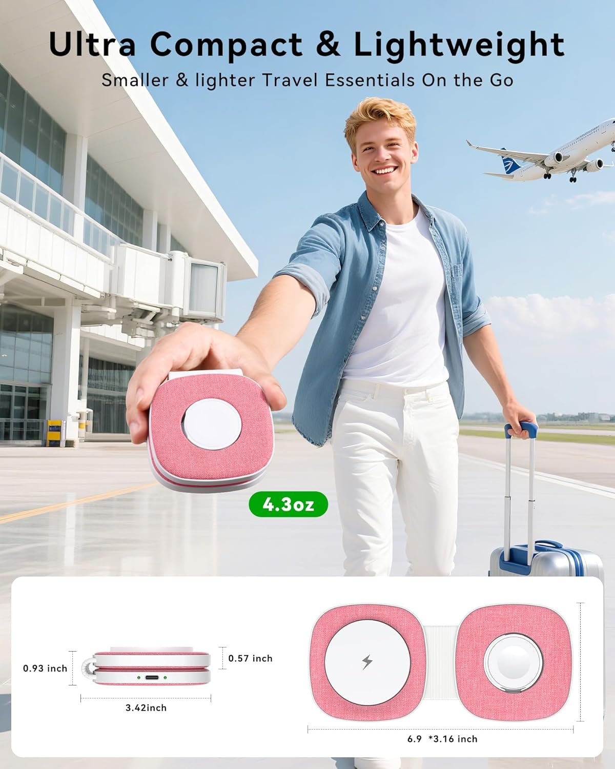 Flodable 2 in 1 Mag-Safe Wireless Charger for iPhone 16 15 14 13 12 Series,Apple Watch Series/Ultra/SE,Airpods/Pro,Portable Magsafe Charger 3 in 1 Wireless Charging Station (Pink with 20W PD Charger) - Image 2