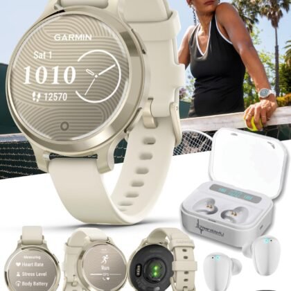 Wearable4U Garmin Lily 2 Active, Lunar Gold with Bone Silicone Band, Small and Stylish Smartwatch, Built-in GPS, Hidden Display, Patterned Lens, Up to 9 Days Battery Life White Earbuds Bundle