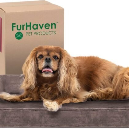 Furhaven Cooling Gel Dog Bed for Medium/Small Dogs w/ Removable Bolsters & Washable Cover, For Dogs Up to 35 lbs - Faux Fur & Velvet Sofa - Driftwood Brown, Medium