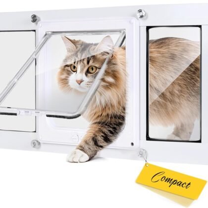 Compact Window Pet Door for Cat Only, Width Adjustable Design Fits Various Sliding Windows, 10-Min Install, Aluminum Frame, HD High-Transparency Glass, Magnetic Close, Weatherproof Design