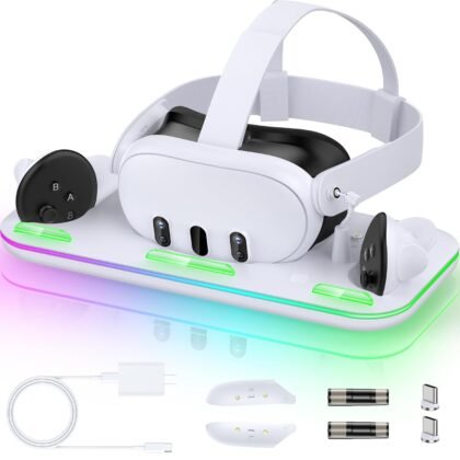 Fast Charging Dock for Meta Quest 3S/Quest 3 Accessories VR Headset Vertical Charging Station with RGB, Magnetic Charger Mode for with 2 Rechargeable Batteries-Large for Quest 3S/Quest 3