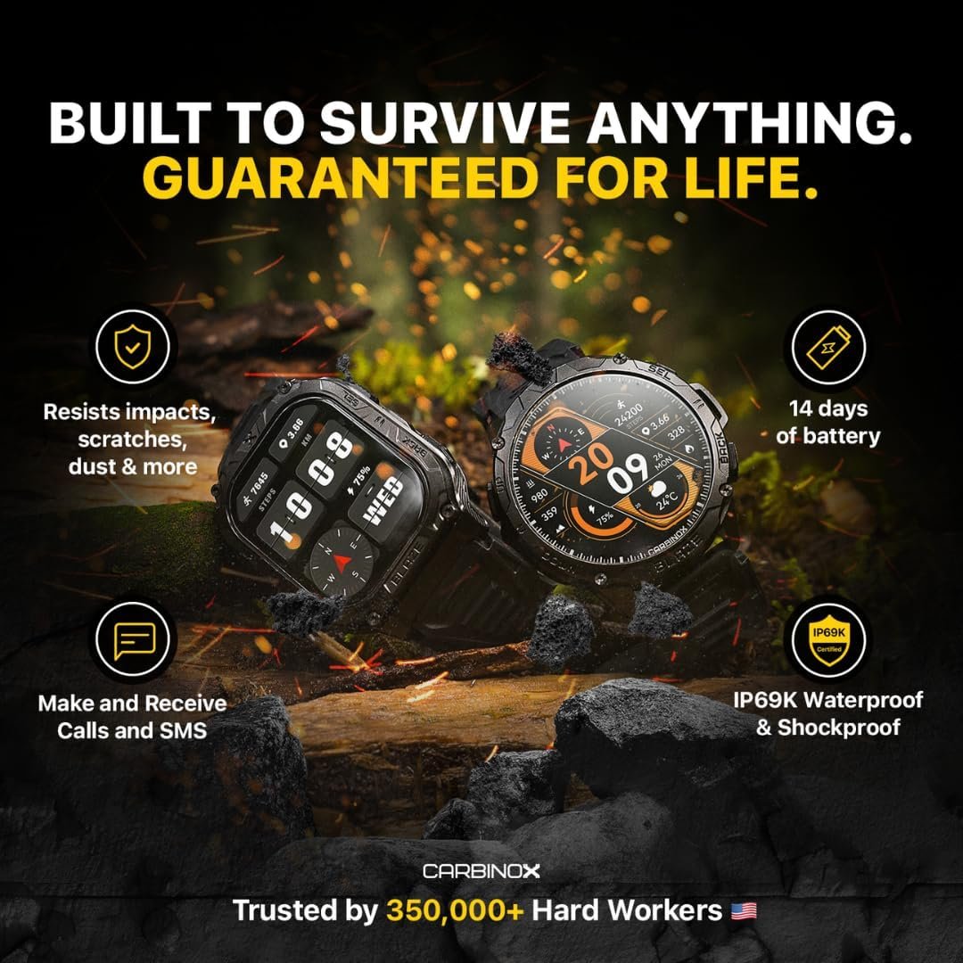 CARBINOX Blaze Smart Watch with GPS – Rugged Fitness Trackers, IP69K Waterproof, 170+ Sports Modes, Gorilla Glass, Make/Receive Calls, Step Counter Watch, Android & iOS Compatible - Image 2
