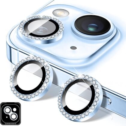 Kucheed Diamond Camera Lens Protector Compatible for iPhone 14/14 Plus, Bling Tempered Glass Camera Cover, Individual Automatic Alignment Metal Rings, Glitter Phone Lens Cover Film Stickers