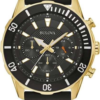 Bulova Men's Sport 6-Hand Chronograph Quartz Watch with Black Silicone Strap, 24 Hour Time, Calendar Date, Luminous Hands and Markers, 100M Water Resistant, 44mm