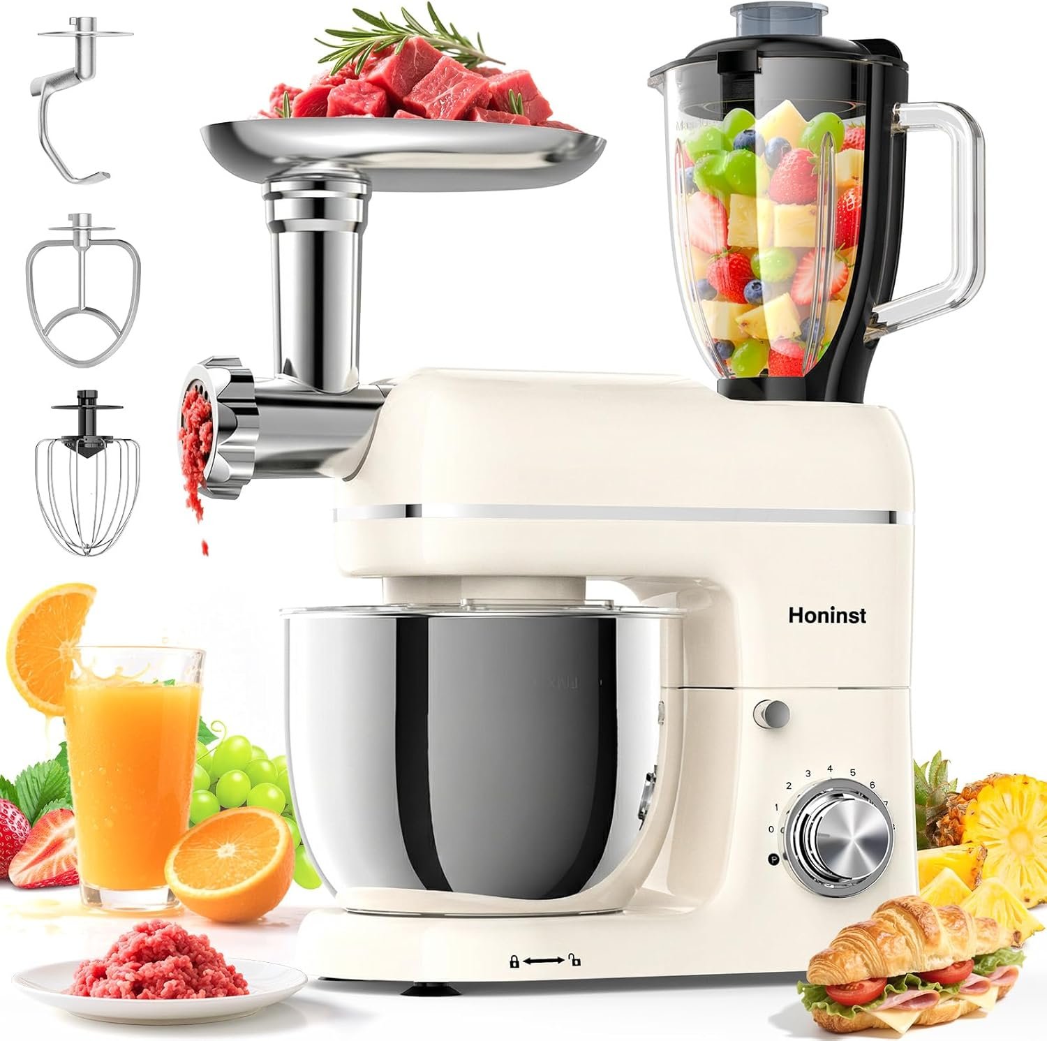Stand Mixer, 7-IN-1 6.5QT 660W Multifunctional Electric Kitchen Mixers with Blender, Meat Grinder, Dough Hook, Whisk and Beater, 8-Speed Food Mixer for Baking, Cooking, Food Processing, Beige