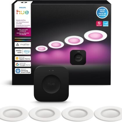 Philips Hue Starter Kit: Bridge Pro & 4 Retrofit Recessed Downlights 5/6-inch, White & Color Ambiance, Dimmable, Smart Light Hub,Works with Voice
