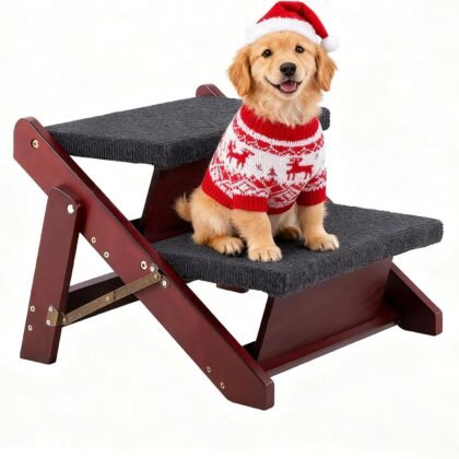 MEWANG Wooden Pet Stairs/Pet Steps - 2-in-1 Foldable Stairs & Ramp for Beds and Cars - Portable Dog/Cat Ladder Up to 110 Pounds - Great for Small and Older Animals(Brown) (17.3" L x 17.24" W x 13" H)