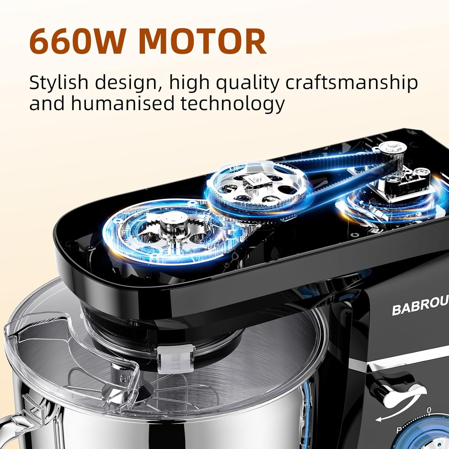Dough Mixer 8.45 QT Electric Mixer - 660W 6 Speed Large Capacity Kitchen Stand Mixer with Whisk Dough Hook Mixing Beater Household Food Mixer for Baking Cakes Cookie Bread Salad - Image 4