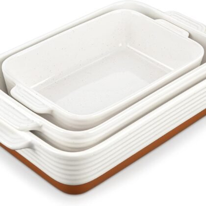 MALACASA Casserole Dishes for Oven, Ceramic Baking Dishes Set of 3, Baking Pan Casserole Dish Set, Rectangular Lasagna Pan Deep with Handles for Baking, Khaki White (14.5''/13''/10.5''), Series TARA