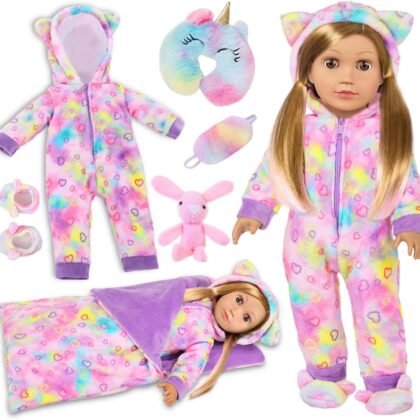 American 18" Doll Clothes and Sleep Bag Accessories,Sleepover Outfit Set Fits 18 Inch Dolls Include Rainbow Costume,Unicorn Style Pillow,Eye Mask,Shoes,Animal Toy Gifts for Girls (No Doll)