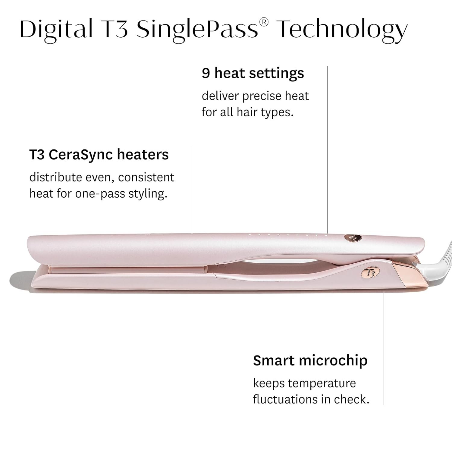 T3 SinglePass Smooth X Professional Flat Iron with Extra-Long Ceramic Plates for Faster Styling, 9 Heat Settings for All Hair Types, For Straightening, Curling, and Waving - Image 4