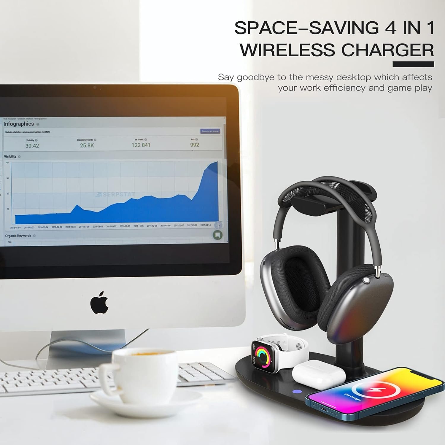 Headphone Stand with 15w Wireless Charger, Suguder 4 in 1 Charging Station Headset Holder for AirPods Max/Pro/4/3/2 iWatch 10/9/8/7/6/5/4/3/2/1/SE iPhone 17/16/15/14/13/12/11/X for Desktop Table Game - Image 4
