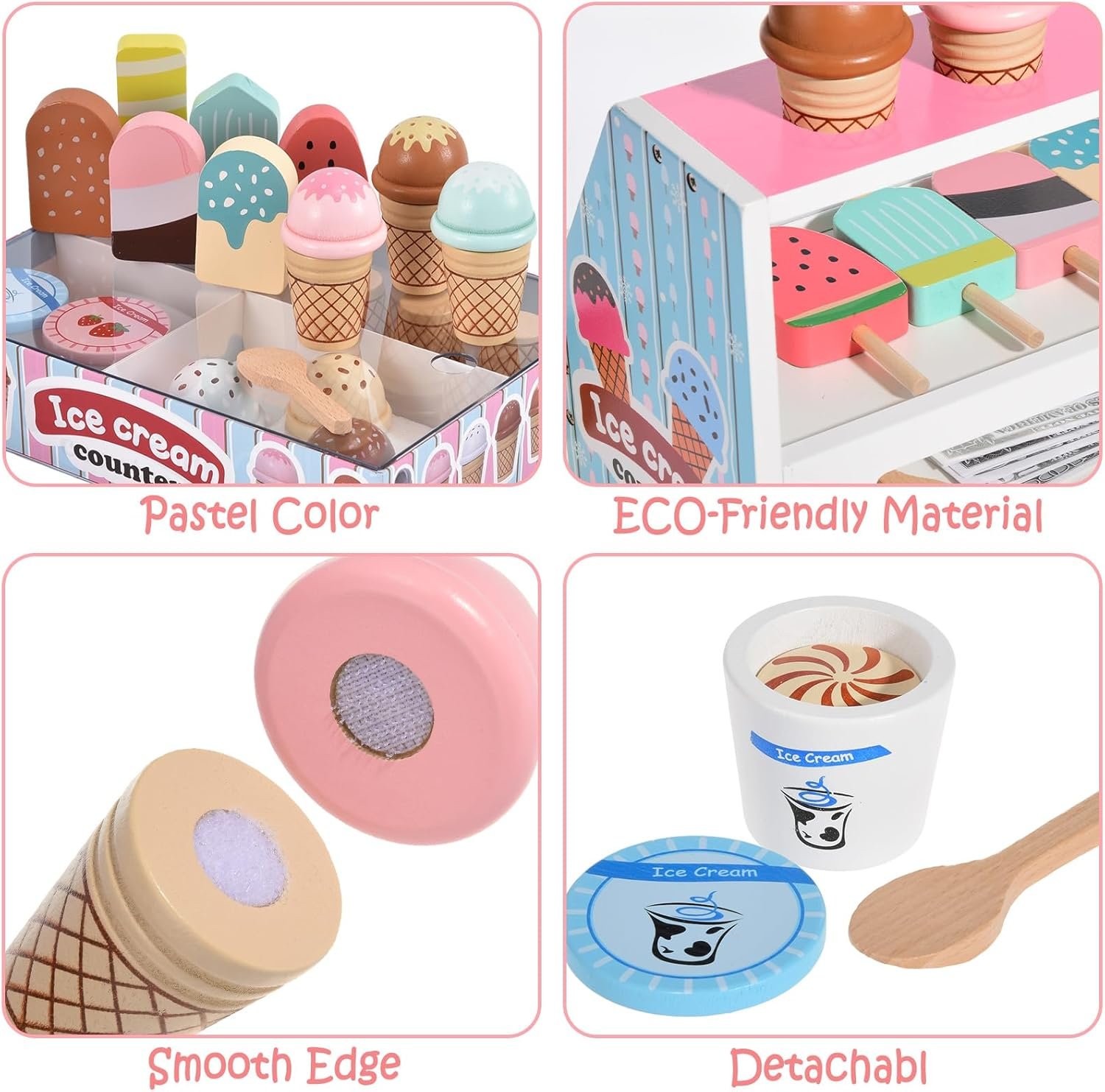 Wooden Ice Cream Toys Kids Kitchen Play Store for Toddlers Girls, Play Kitchen Accessories with Scoop & Menu & Fake Money, Wooden Toys for 3 4 5 Year Old Girls Boys Birthday - Image 6