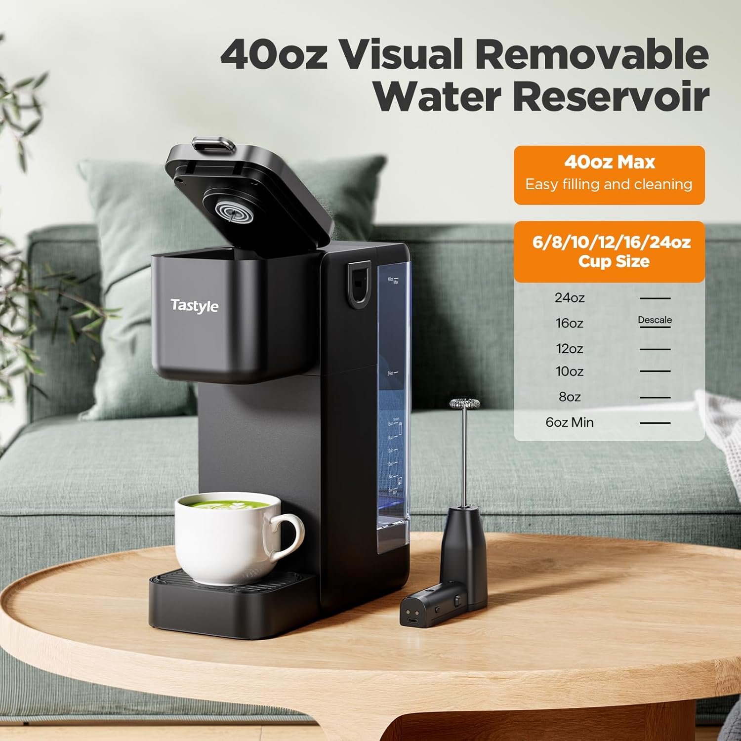Single Serve Coffee Maker with Built-in Detachable Milk Frother, Iced and Hot Coffee Machine for K Cup & Grounds, 40oz Removable Water Reservoir, 6 Cup Sizes, Fits 7.3" Travel Mug, Black - Image 5
