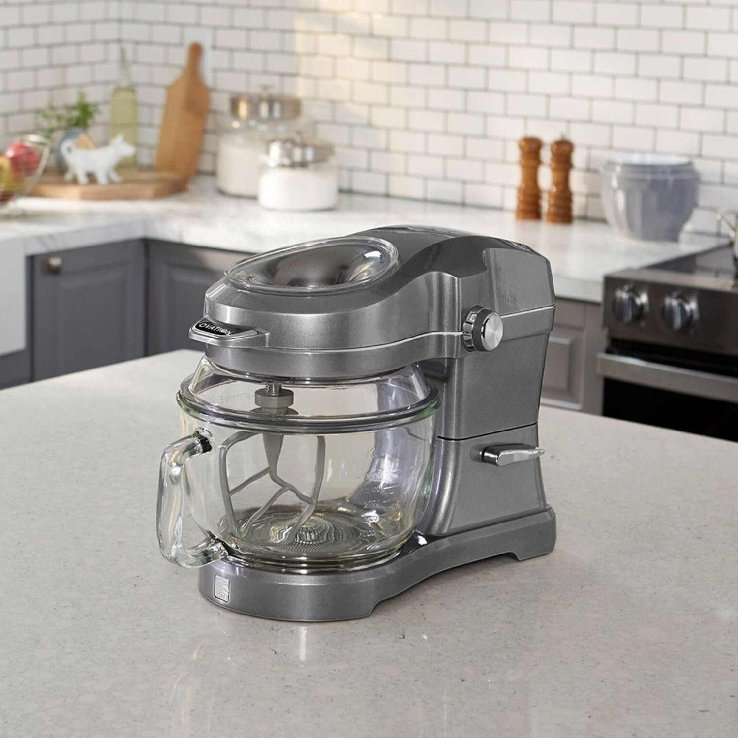 Kenmore 500W Oviation Stand Mixer - 10 Speed Mixing, Tilt-Head, Handheld Glass Bowl With Pouring Top Splash Guard, Flat Beater, Whisk, Dough Hook Attachments Countertop Kitchen Appliance, 5QT Grey - Image 2