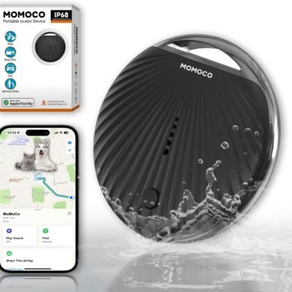 MoMoCo GPS Tracker – iOS Only No Subscription Required, Portable Real-Time GPS Tracking Device for Dogs,Compatible with Apple Find My, Location Tracker for Vehicles/Keys/Luggage (Black)