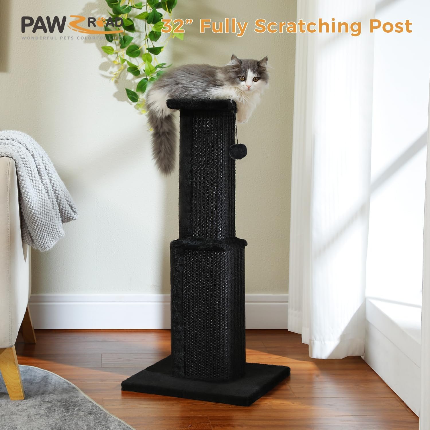 PAWZ Road Large Cat Scratching Post 32” Tall Black Scratching Post for Indoor Cats Adults Ultimate Scratch Post with Woven Sisal, Large Base and Removable Dangling Ball- Black - Image 3